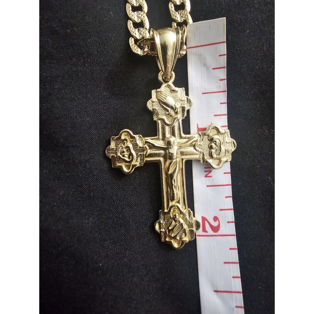 24in Gold-Plated brass-5.7mm frosted Figaro Chain w/Cross Pendant Charm - Picture 4 of 7